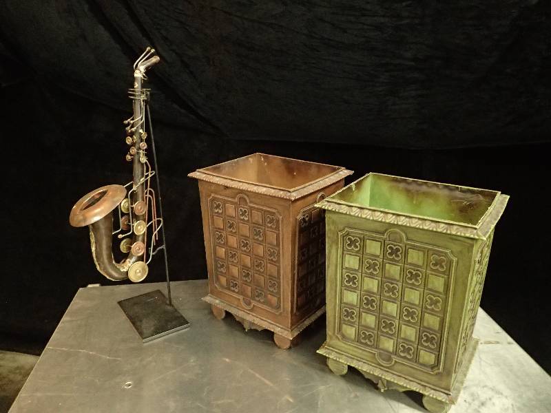 lot 150 image: (2) Cool Trash Bins and a Decorative Sax