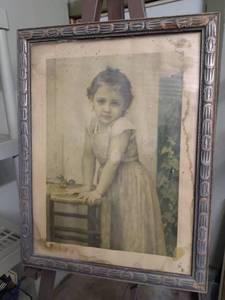 lot 4094 image: framed vintage little girl picture some water damage 13 and 12 in by 17 and 12 in