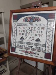 lot 4108 image: framed needlepoint ABCs and says bless our home 19 in x 19 in