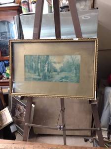 lot 4138 image: framed vintage picture of girl and a basket in the woods has some frame damage 142 in wide 9 12 inches tall