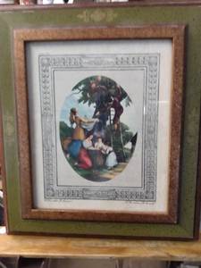 lot 4140 image: framed print of men and women picking apples 10 and 12 in wide 12 in tall