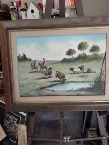 lot 4145 image: Framed painting of two Mexican vaqueros with bulls 19 in wide 14 and a half inches tall
