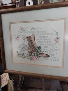 lot 4146 image: framed needlepoint boot with saying 16 in wide 14 inches tall