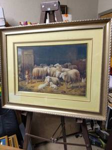 lot 4151 image: framed picture of a dog and his herd of sheep 22 in wide 17 and 12 in tall