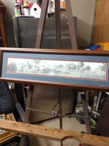 lot 4152 image: framed looks to be a watercolor by glynda turley 1989 picture of cottage with Creek and bridge 25 and 12 in wide 8 in tall