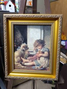 lot 4154 image: framed picture of little girl with her dog and dolls 11 and a half inches wide 13 and 12 in tall