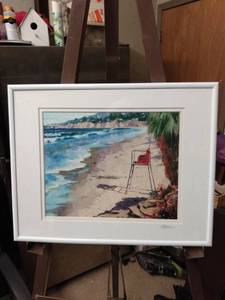 lot 4157 image: Framed looks to be watercolor signed picture Beach lifeguard chair 14 and 12 in wide 11 and 12 in tall