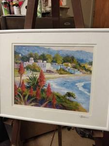 lot 4158 image: framed looks to be watercolor seaside by villas signed 14 and a half inches wide 11 and a half inches tall