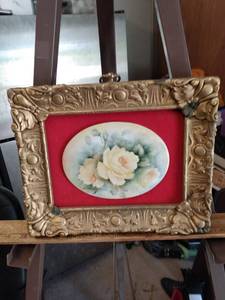lot 4163 image: Framed porcelain plaque with rose painted on it 10 and a half inches wide 9 inches tall