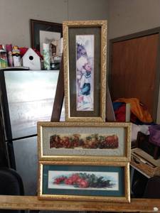 lot 4166 image: 3 small framed prints 11 in by 5 in one is little boy carrying a bucket one is fruit and one is roses