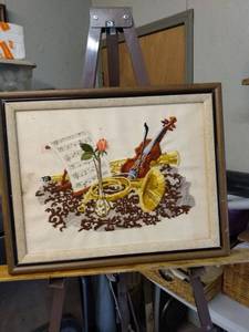 lot 4167 image: framed needlepoint picture of musical instruments will need cleaned 18 and a half inch wide 14 and a half inches tall