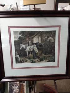 lot 4183 image: large beautifully framed print called preparing for market with working light 37 in wide 34 in tall