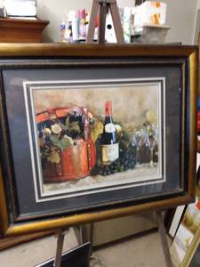lot 4190 image: framed picture of wine and decor has some frame scrapings 34 in wide 28 inches tall