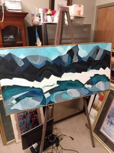 lot 4196 image: framed abstract painting by Gillette dated 1982 47 in wide 23 in tall