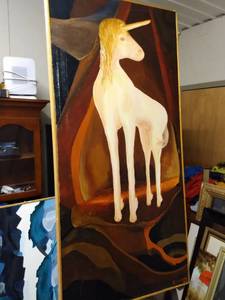 lot 4197 image: framed painting of a unicorn by Gillette 1983 24 and a quarter inches wide 52 and 12 in tall