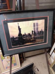 lot 4200 image: framed print of the Statue of Liberty with twin towers in the background 24 and 12 in wide 18 in tall