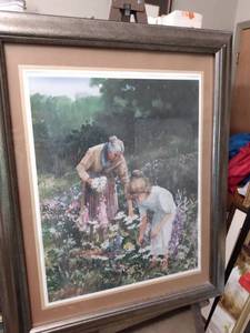 lot 4205 image: framed print a woman and girl by Ernst Ulmer with obituary on the back from the Kansas City Star 27 in wide 33 in tall �a