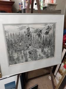lot 4206 image: framed print of native American ceremony signed by Gail Davids has a little water damage lower left corner 27 and 12 in wide 23 in tall