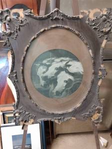 lot 4210 image: antique framed print of the three white stallions will need cleaned frame has damage 22 inches wide 26 in tall