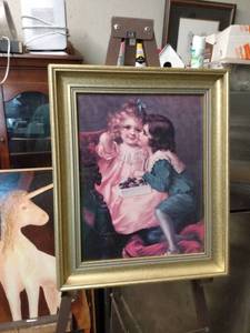 lot 4214 image: framed print of young Pinky and blue boy 14 and 12 in wide 17 12 in tall
