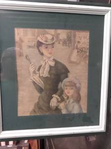 lot 4215 image: vintage framed print of lady and little girl 19 in wide 21 in tall