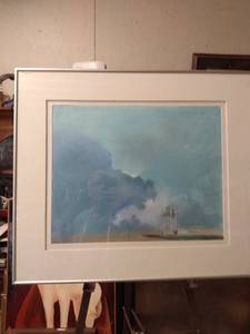 lot 4219 image: framed watercolor of lifeguard chair by the ocean by Norma Cowdrick 1989 has one small break in glass upper left corner water damage on the back sheet but not on picture 28 in wide 24 in tall