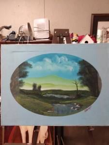 lot 4222 image: unframed painting of a meadow with two ponds has smearing on where it has been signed 24 in wide 18 in tall