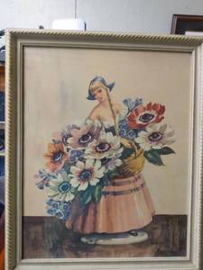 lot 4227 image: beautiful framed antique picture of Dutch girl and flowers 18 and 12 in wide 22 12 in tall