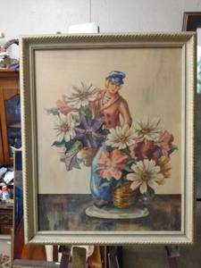 lot 4228 image: beautiful antique framed Dutch boy with flowers matches lot 4227 18 and 12 in wide 22 12 in tall