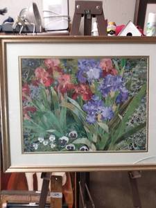 lot 4229 image: framed print of a iris garden as one crack in glass lower right corner 21 inches wide 17 in tall