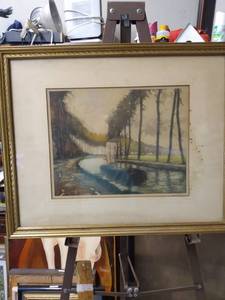 lot 4230 image: framed print of boat in canal has some spotting on Maddie 21 and 12 in