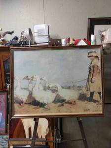 lot 4236 image: framed print of little girl and a gaggle of geese 25 and 12 in wide 19.5 in tall