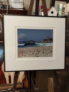 lot 4247 image: framed picture of seagulls on the beach by Walt Otto signed mark ap on back 17 in wide 15 in tall