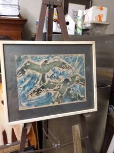lot 4248 image: abstract watercolor of birds signed ArchDeacon 17 and 12 in wide 14 in tall