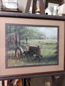 lot 4249 image: framed print of farm with tractor and cows by RC Carter 19 in wide 16 in tall