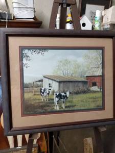 lot 4250 image: framed print of farm setting with Holstein cow and calf by RC Carter 19 in wide 17 in tall