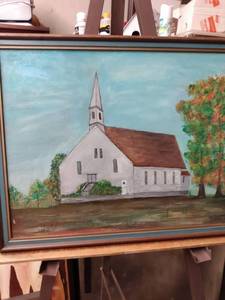 lot 4257 image: framed painting of Pontoppidan Lutheran Church and rural Elliott Illinois painted by Lucile Powers 1980 19 and 12 in wide 15 and 12 in tall