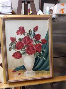 lot 4260 image: framed painting of a vase of roses 12 and 12 in wide 16 in tall