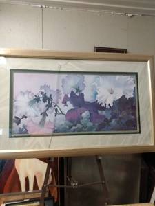 lot 4268 image: framed print called Shirleys petunias by Jovanovic 22 in tall 38 in wide glass is broke