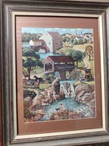 lot 4274 image: beautiful framed print of nudes playing in the creek by Bob Pettes 1984 23 in wide 49 in tall