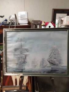 lot 4277 image: framed print of a gathering of international ships in Newport harbor in 1976 25 in wide 18 in tall has some water damage on the left side