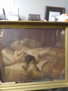 lot 4278 image: framed antique picture of sleeping girl and dog will need some work done on backing 22 12 in wide 18 and 34 in tall