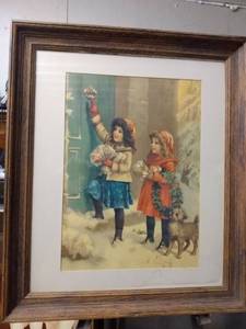 lot 4279 image: framed print of two little girls delivering presents at Christmas 23 and 12 in wide 27 and 12 in tall