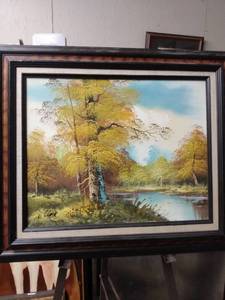 lot 4284 image: framed painting of fall setting by Clark 27 in wide by 23 in tall