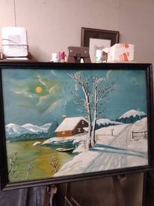 lot 4300 image: framed oil painting of winter scene 24 and 34 in wide 18 and 14 in tall