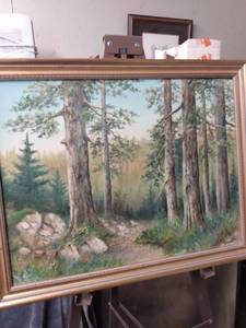 lot 4301 image: framed painting of a mountainous Forest 24 in wide 19 in tall