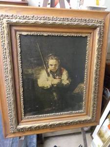 lot 4302 image: beautiful frame with print of a boy and gun 26 in wide 30 in tall