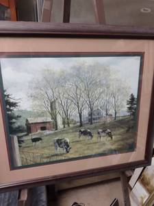 lot 4304 image: frame print of a farm setting with Holstein cows 27 in wide and 23 in tall