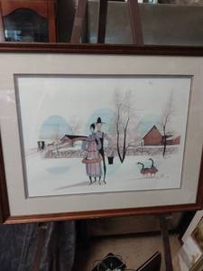 lot 4309 image: framed litho number 6171000 of Amish family 28 and 12 in wide 22 and 34 in tall