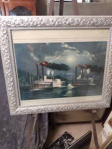 lot 4310 image: beautifully framed print of two steamboat called a midnight race on the Mississippi 29 in wide 25 and 12 in tall as a little corner damage